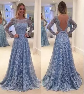 Blue Backless Scalloped Lace and Belt Prom Evening Gown Lace Long Sleeves Sweep Train