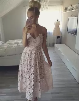 Tea Length White Lace Sleeveless Lace See Through Prom Dress Sexy