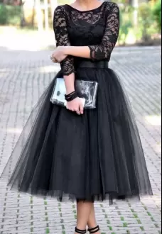 Tulle 3 4 Length Sleeve Tea Length Prom Dresses and Lace