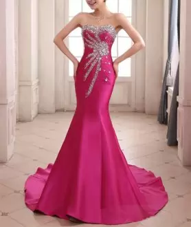Sophisticated Hot Pink Mermaid Satin Sweetheart Sleeveless Beading Lace Up Evening Gowns Sweep Train