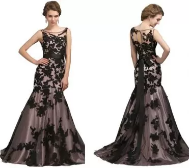 Artistic Black Zipper Scoop Appliques and Sashes ribbons Prom Dress Tulle Sleeveless Sweep Train