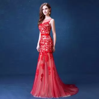 Exquisite Appliques Prom Dress Red Backless Sleeveless Floor Length