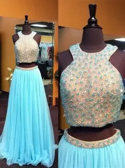 Classical Blue Two Pieces Beading Junior Homecoming Dress Zipper Tulle Sleeveless Floor Length