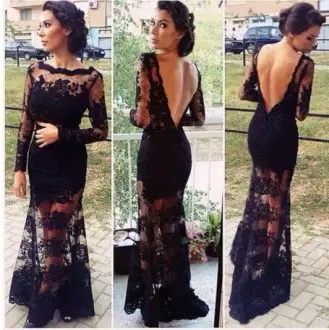 Nice Long Sleeves Lace Floor Length Backless Dress for Prom in Black with Lace