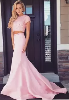 Beaded Top two piece baby pink mermaid Evening Dress with Train