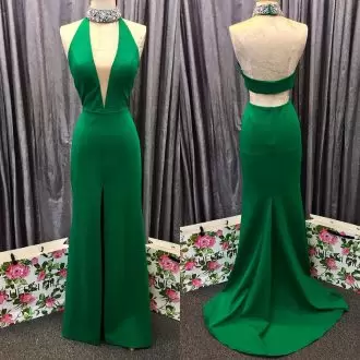 Green Column Sheath High-neck Sleeveless Backless Beading Prom Gown