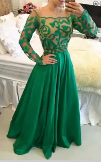 Cute Long Sleeves Satin Floor Length Prom Dresses in Green with Beading and Lace