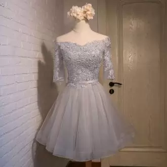 Grey A-line Lace and Appliques Lace Up Tulle Half Sleeves Floor Length