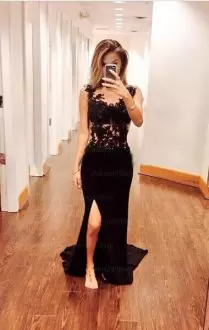 Black Sleeveless Lace and Appliques Zipper Scoop Prom Dress
