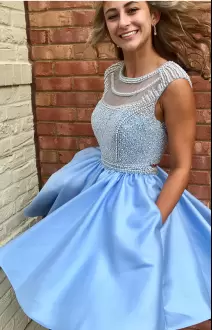 High End Baby Blue Prom Gown Prom and Party and Military Ball with Beading and Ruching Scoop Sleeveless Backless