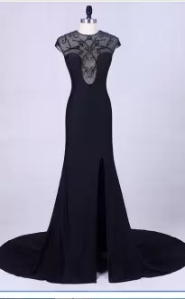 Classical Illusion Cap Sleeves Mermaid See Through Back Prom Gown in Black with Beaded Neckline andTrain