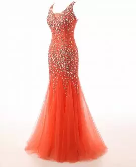 Comfortable Mermaid Prom Dress Orange Straps Tulle Sleeveless Floor Length Side Zipper
