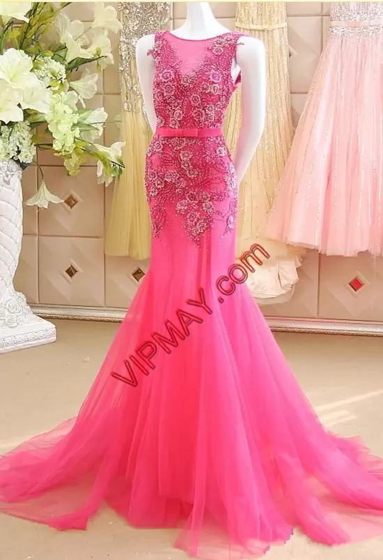 Pretty Hot Pink Scoop Mermaid Tulle Bottom Prom Dress Low Back