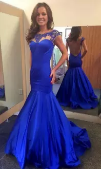 Artistic Royal Blue Backless Bateau Cap Sleeves Prom Gown Sweep Train Appliques