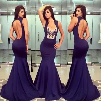 Charming Scoop Sleeveless Brush Train Backless Lace and Appliques Prom Dresses in Navy Blue
