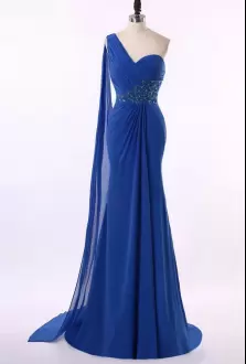 Pretty Royal Blue Mermaid Chiffon One Shoulder Sleeveless Beading Zipper Prom Party Dress Watteau Train