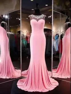 Elegant Pink Sleeveless Brush Train Beading Evening Dress