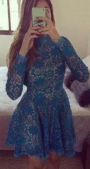 New Arrival Blue Backless Prom Dress Lace Long Sleeves Mini Length