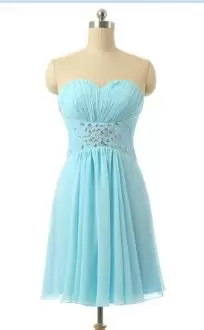 Cute Sweetheart Sleeveless Evening Dress Mini Length Beading and Pleated Aqua Blue Chiffon
