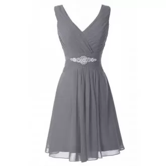Grey A-line V-neck Sleeveless Chiffon Knee Length Ruching Homecoming Dress Online