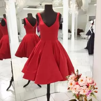 Red Satin Zipper Evening Dress Sleeveless Mini Length Ruching