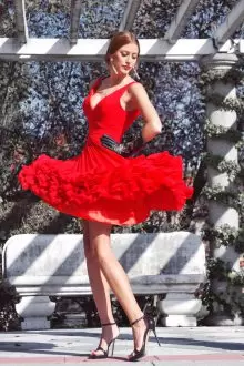 Red Sleeveless Mini Length Ruffled Layers and Ruching Lace Up Prom Gown V-neck