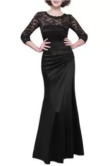 Black A-line Scalloped 3 4 Length Sleeve Floor Length Lace Up Ruching Prom Homecoming Dress