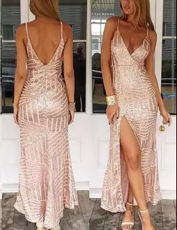 Classical Pink Column Sheath Sequins Prom Gown Backless Sequined Sleeveless Ankle Length