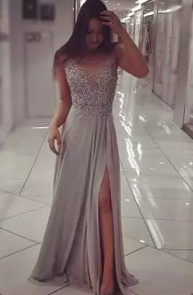 Grey Full Beading Sheer Prom Dress Sexy Slit Chiffon Gown