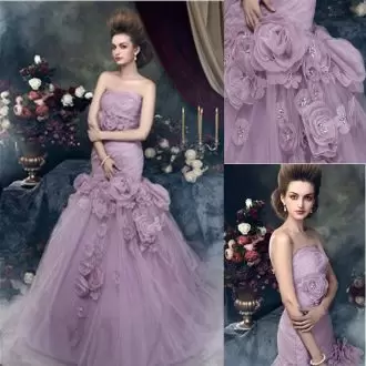 Edgy Strapless Sleeveless Lace Up Homecoming Party Dress Purple Tulle Hand Made Flower