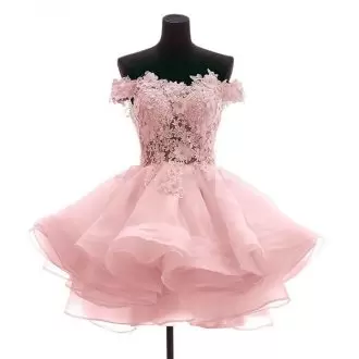Fitting Baby Pink Off The Shoulder Lace and Appliques Prom Party Dress Tulle Sleeveless