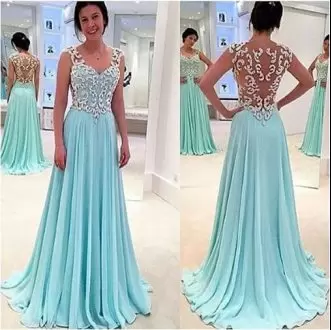 Free and Easy Turquoise Side Zipper Straps Appliques Homecoming Dress Chiffon Sleeveless Sweep Train