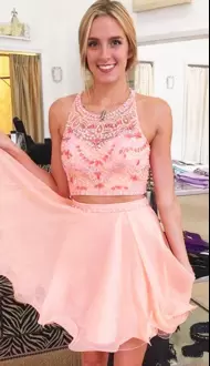 Pink and Peach Dress for Prom Prom and Party with Beading Halter Top Sleeveless