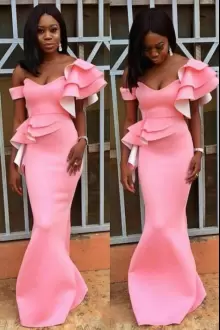 Sophisticated Pink Lace Up Off The Shoulder Ruching Prom Dresses Satin Sleeveless