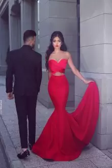 Vintage Sexy Mermaid Red Stretch Crepe Sweep Train Satin Prom Dresses