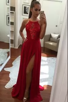 Brush Train Empire Homecoming Dress Online Red Halter Top Chiffon Sleeveless Floor Length Lace Up