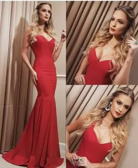 High End Red Mermaid Straps Sleeveless Satin Floor Length Lace Up Ruching Dress for Prom