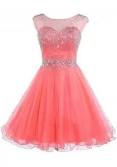 Graceful Tulle Cap Sleeves Knee Length Homecoming Party Dress and Beading