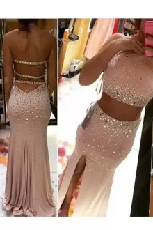 Halter Top Sleeveless Prom Evening Gown Sweep Train Beading Pink