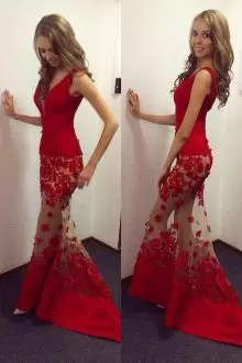 Pretty Sweetheart Sleeveless Evening Dress Floor Length Sweep Train Beading and Lace Red Satin