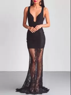 Super Black Backless Prom Dress Lace Sleeveless Floor Length