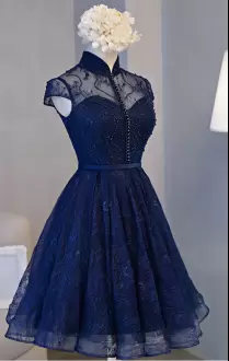 Designer Navy Blue A-line High-neck Cap Sleeves Lace Mini Length Lace Up Beading Prom Dresses