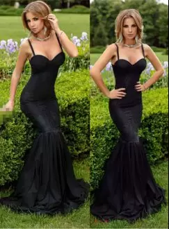 Sleeveless Sweep Train Lace Up Prom Dresses in Black with Appliques