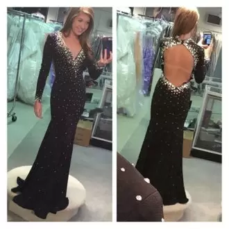 On Sale Black Mermaid V-neck Long Sleeves Sweep Train Backless Beading Prom Dresses