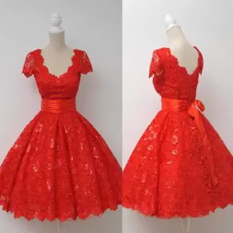 Red V-neck Neckline Lace Prom Homecoming Dress Cap Sleeves Zipper