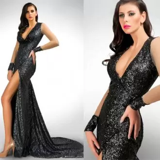 Glamorous Sequined V-neck Sleeveless Sweep Train Lace Up Sequins Prom Party Dress in Black