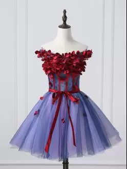 Captivating Purple Tulle Off The Shoulder Sleeveless Mini Length Homecoming Gowns Hand Made Flower