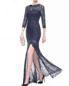 Designer Navy Blue Zipper Prom Gown Lace Sleeveless Floor Length
