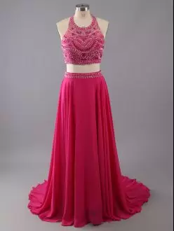 Glamorous Hot Pink Lace Up Halter Top Beading and Lace Prom Dresses Satin and Organza and Chiffon Sleeveless Sweep Train