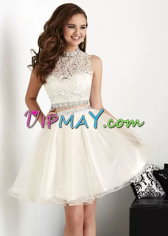 Mini Length Two Pieces Sleeveless White Lace Up Prom Dress